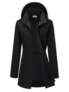 Women's Waterproof Softshell Long Jacket with Hood Fleece Lined Windproof